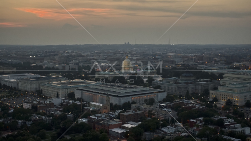 The United States Capitol behind the Russell, Dirksen and Hart Senate Office Buildings, Washington, D.C., twilight Aerial Stock Photo AXP076_000_0030F | Axiom Images