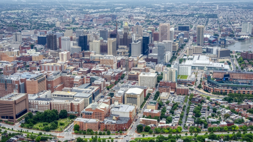 Downtown Baltimore, the Baltimore Convention Center, and Oriole Park, Maryland Aerial Stock Photo AXP078_000_0004F | Axiom Images