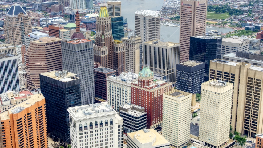 Skyscrapers and city buildings in Downtown Baltimore, Maryland Aerial Stock Photo AXP078_000_0006F | Axiom Images