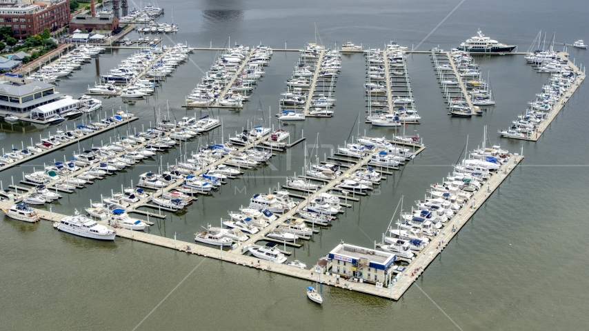 Boats docked at the Baltimore Marine Center, Maryland Aerial Stock Photo AXP078_000_0009F | Axiom Images