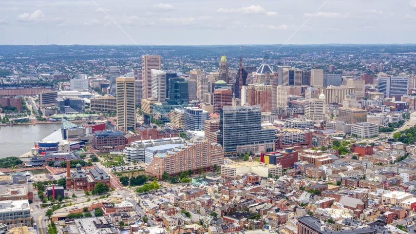 Skyscrapers and city buildings in the Downtown Baltimore skyline, Maryland Aerial Stock Photo AXP078_000_0013F | Axiom Images