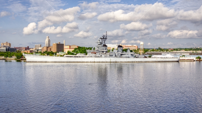 USS New Jersey in Camden, New Jersey Aerial Stock Photo AXP079_000_0001F | Axiom Images