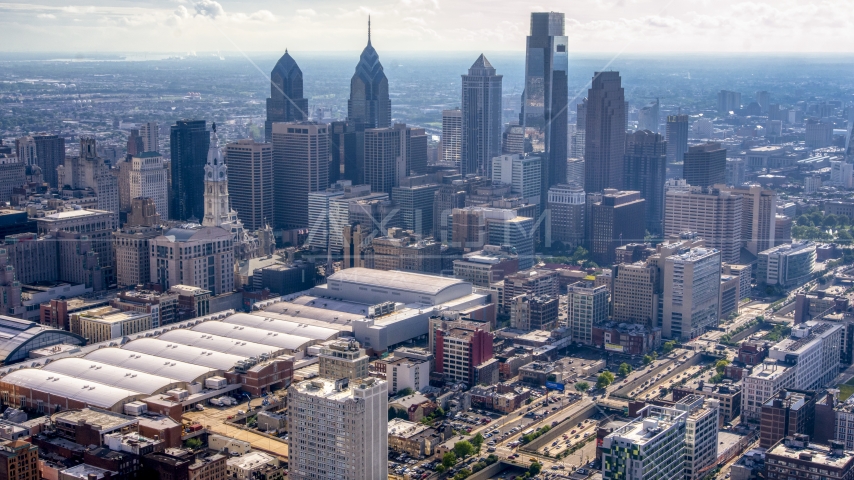 The Pennsylvania Convention Center and skyscrapers in Downtown Philadelphia, Pennsylvania Aerial Stock Photo AXP079_000_0003F | Axiom Images