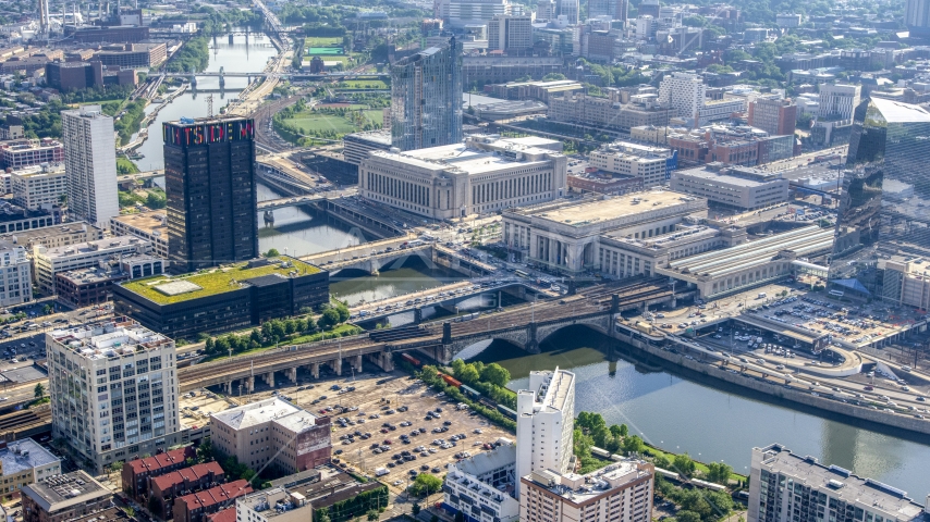 30th Street Station and Main Post Office across the Schuylkill River, Philadelphia, Pennsylvania Aerial Stock Photo AXP079_000_0008F | Axiom Images