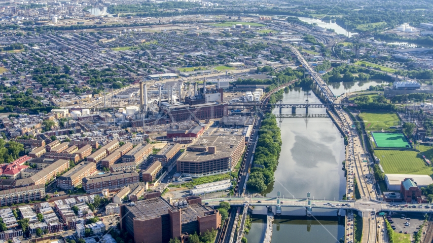 The Veolia Energy power plant next to the Schuylkill River Philadelphia, Pennsylvania Aerial Stock Photo AXP079_000_0014F | Axiom Images