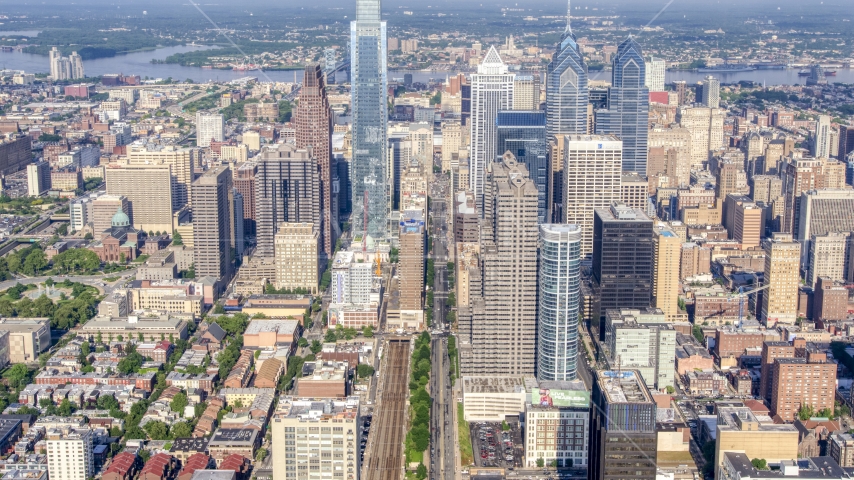 Talk towers and city buildings in downtown Philadelphia, Pennsylvania Aerial Stock Photo AXP079_000_0016F | Axiom Images