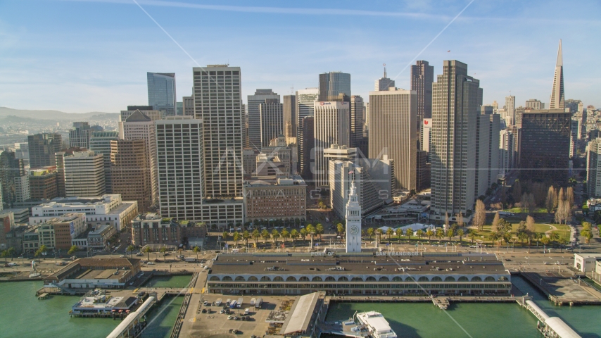 The Ferry Building and skyscrapers in Downtown San Francisco, California Aerial Stock Photo DCSF05_008.0000197 | Axiom Images