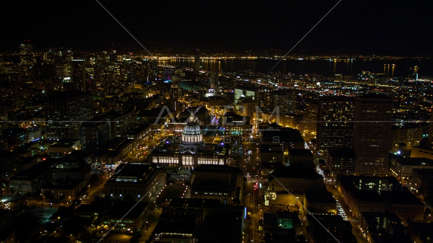 San Francisco City Hall and Civic Center in San Francisco, California, night Aerial Stock Photo DCSF06_008.0000232 | Axiom Images