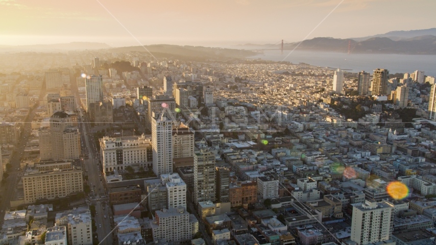 Nob Hill apartment and office buildings seen from Downtown San Francisco, California, sunset Aerial Stock Photo DCSF07_005.0000377 | Axiom Images