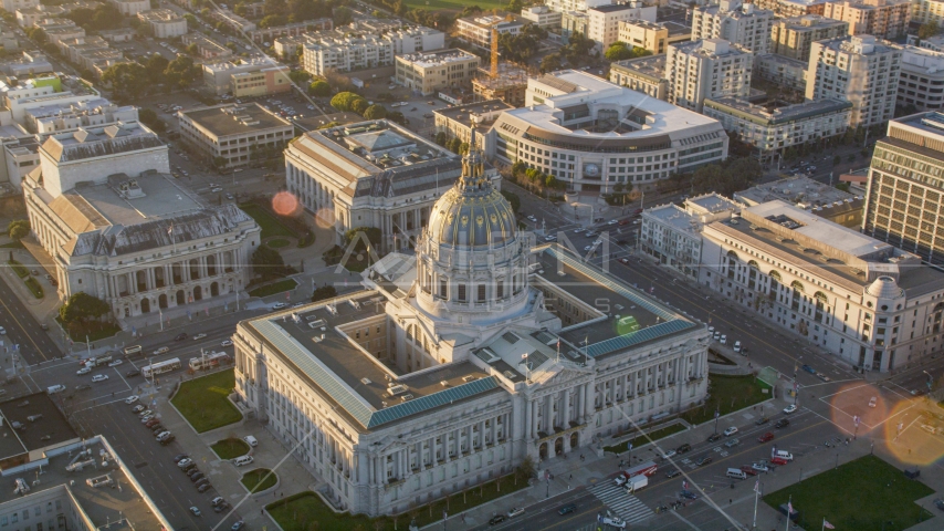 San Francisco City Hall at sunset in Civic Center, San Francisco, California Aerial Stock Photo DCSF07_019.0000093 | Axiom Images