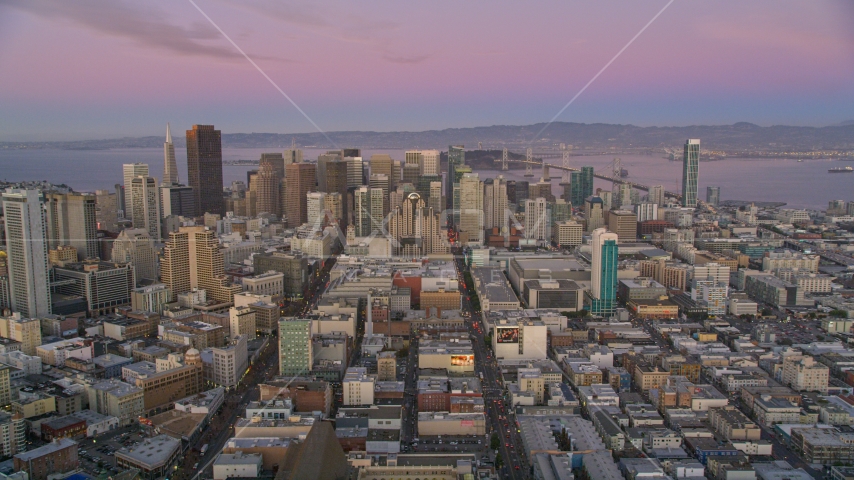 Financial District seen from the west side of the city, Downtown San Francisco, California, twilight Aerial Stock Photo DCSF07_076.0000382 | Axiom Images