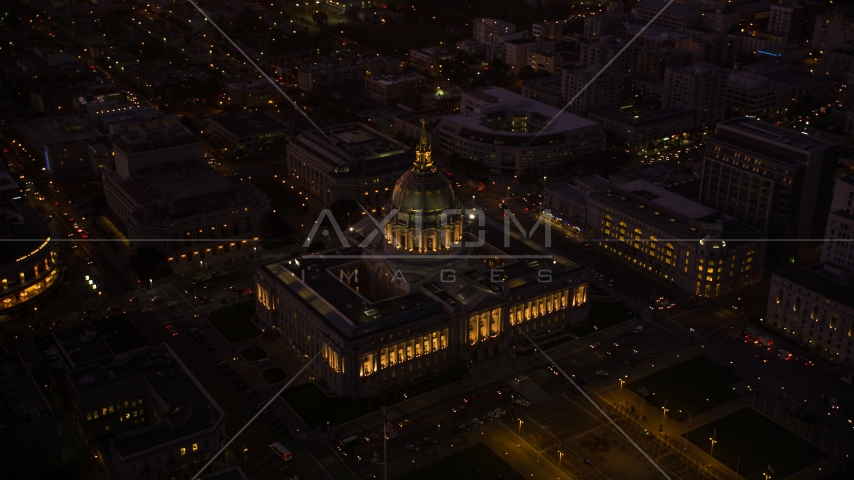 San Francisco City Hall in Civic Center, San Francisco, California, night Aerial Stock Photo DCSF07_090.0000471 | Axiom Images