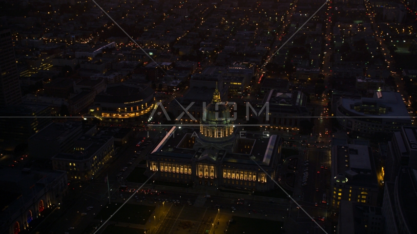 San Francisco City Hall in Civic Center at night, San Francisco, California Aerial Stock Photo DCSF07_091.0000317 | Axiom Images