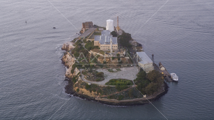 Alcatraz Island prison at sunset in San Francisco, California Aerial Stock Photo DCSF10_022.0000192 | Axiom Images