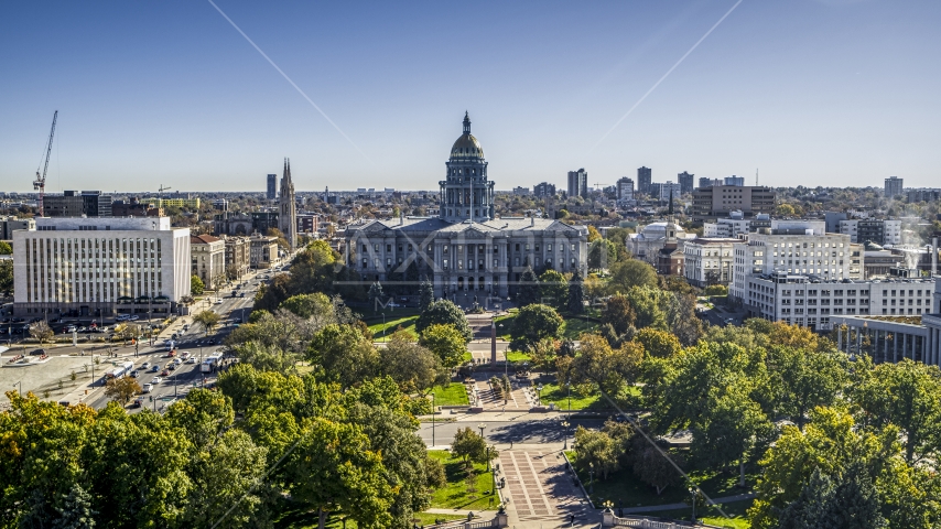 Colorado State Capitol building seen from Civic Center Park in Downtown Denver, Colorado Aerial Stock Photo DXP001_000137 | Axiom Images