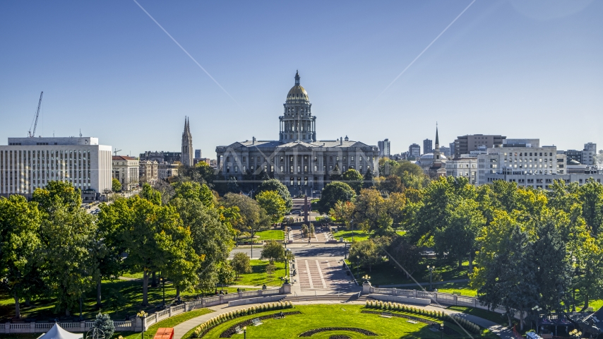 Colorado State Capitol building beside Civic Center Park in Downtown Denver, Colorado Aerial Stock Photo DXP001_000139 | Axiom Images