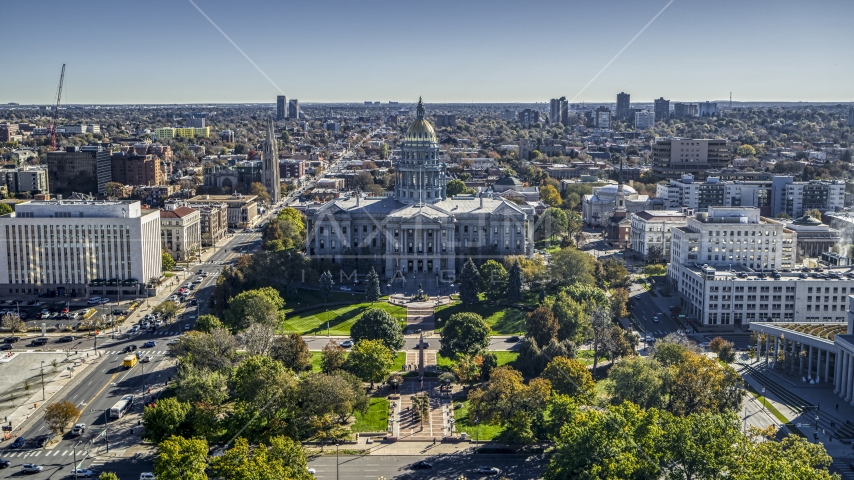 The Colorado State Capitol building viewed from Civic Center Park in Downtown Denver, Colorado Aerial Stock Photo DXP001_000144 | Axiom Images