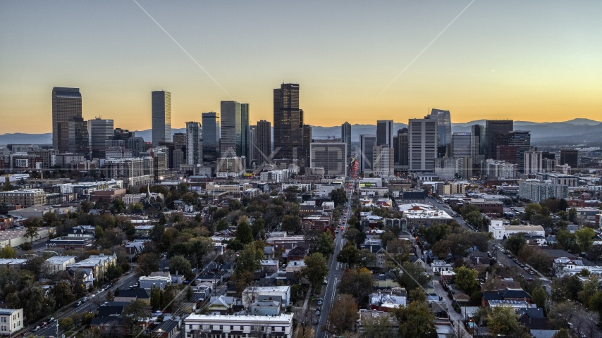 Skyscrapers in the city's skyline at twilight, Downtown Denver, Colorado Aerial Stock Photo DXP001_000188 | Axiom Images