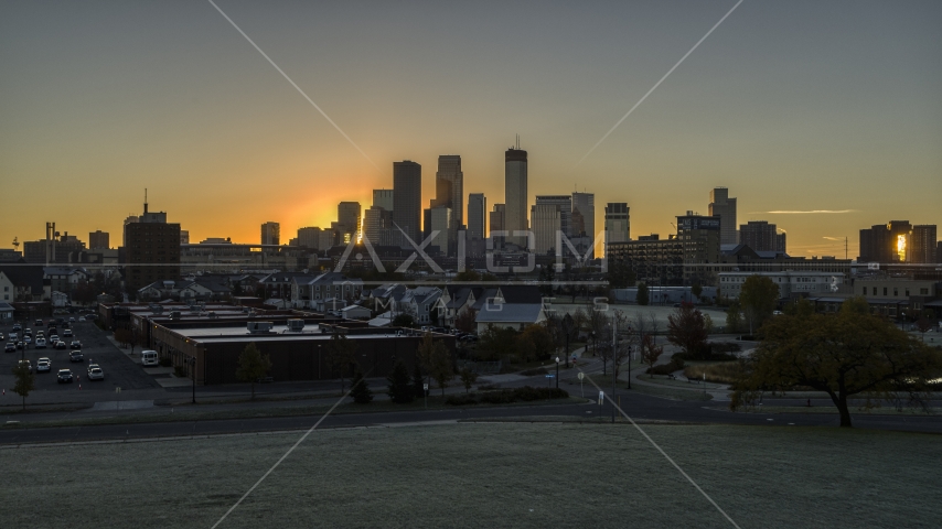 The city's skyline at sunrise in Downtown Minneapolis, Minnesota Aerial Stock Photo DXP001_000254 | Axiom Images