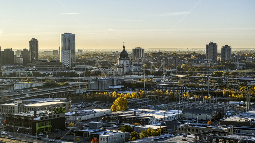 A cathedral dome at sunrise in Downtown Minneapolis, Minnesota Aerial Stock Photo DXP001_000272 | Axiom Images