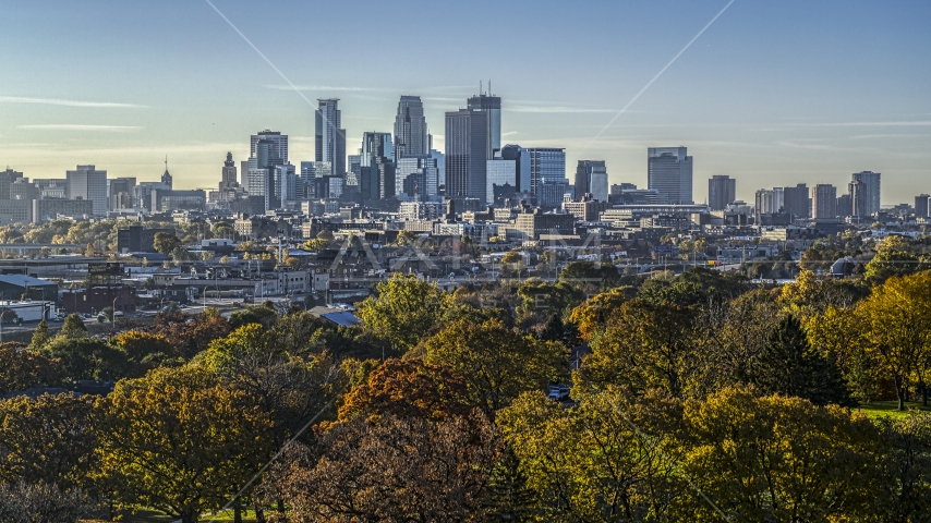 A view of the city skyline's skyscrapers at sunrise seen from I-94 in Downtown Minneapolis, Minnesota Aerial Stock Photo DXP001_000278 | Axiom Images