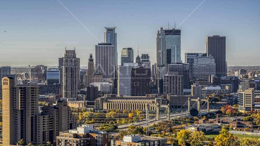 A condo complex at sunrise, with the city skyline in the background, Downtown Minneapolis, Minnesota Aerial Stock Photo DXP001_000281 | Axiom Images