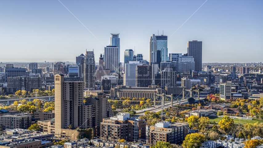 A condominium complex in the foreground, city skyline in the background, Downtown Minneapolis, Minnesota Aerial Stock Photo DXP001_000288 | Axiom Images