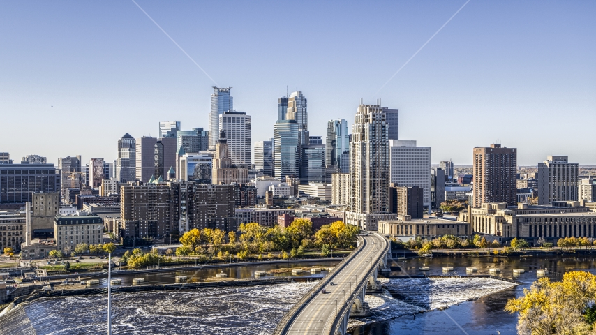 A condominium complex beside the city skyline, Downtown Minneapolis, Minnesota Aerial Stock Photo DXP001_000290 | Axiom Images