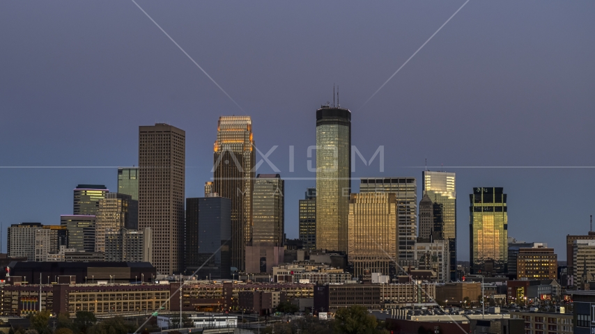 A view of the city's skyline at twilight, Downtown Minneapolis, Minnesota Aerial Stock Photo DXP001_000341 | Axiom Images