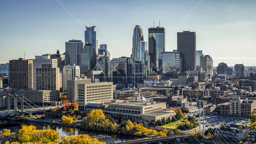 The towering skyline seen from the river, Downtown Minneapolis, Minnesota Aerial Stock Photo DXP001_000408 | Axiom Images