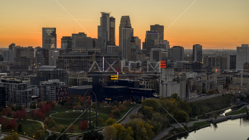 The downtown skyline at sunset, Downtown Minneapolis, Minnesota Aerial Stock Photo DXP001_000435 | Axiom Images