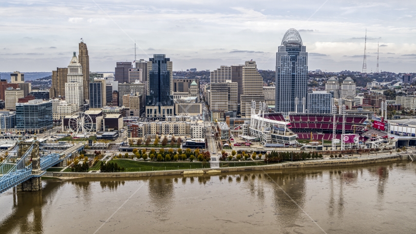 The city's skyline and baseball stadium by the Ohio River, Downtown Cincinnati, Ohio Aerial Stock Photo DXP001_000451 | Axiom Images