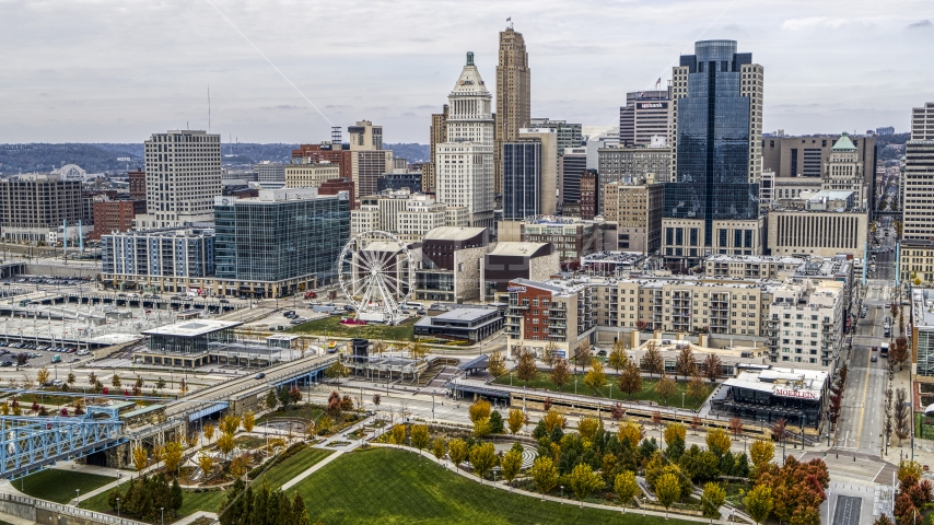 The city's skyline around the Ferris wheel, Downtown Cincinnati, Ohio Aerial Stock Photo DXP001_000454 | Axiom Images