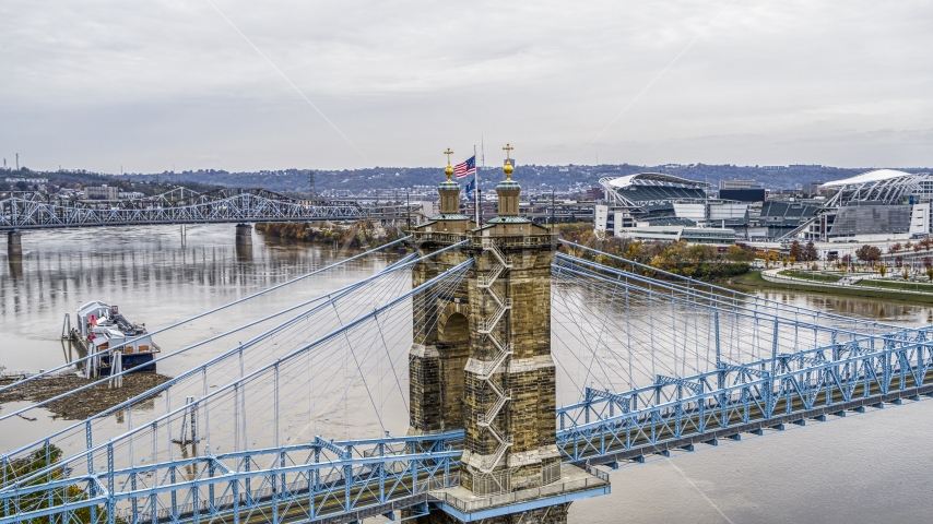 The Roebling Bridge spanning the Ohio River, Downtown Cincinnati, Ohio Aerial Stock Photo DXP001_000474 | Axiom Images