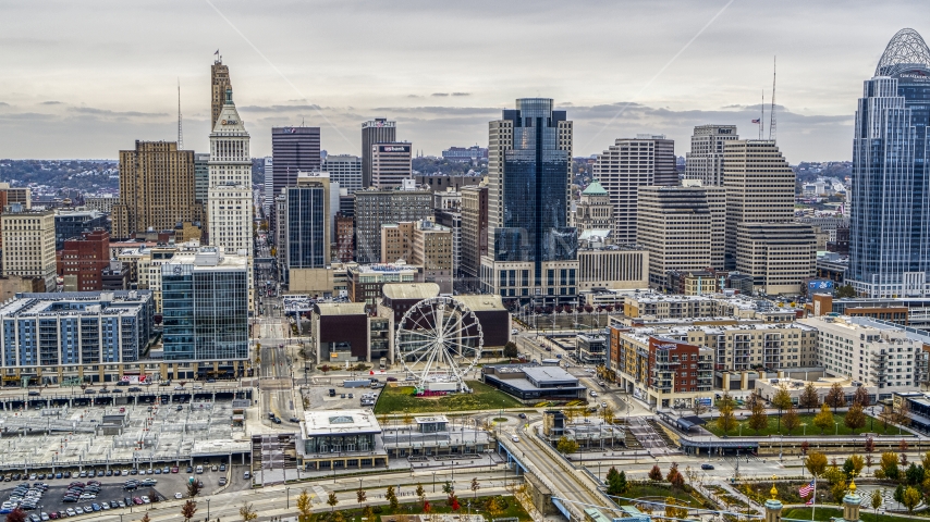 Skyscrapers behind the Ferris wheel in Downtown Cincinnati, Ohio Aerial Stock Photo DXP001_000481 | Axiom Images