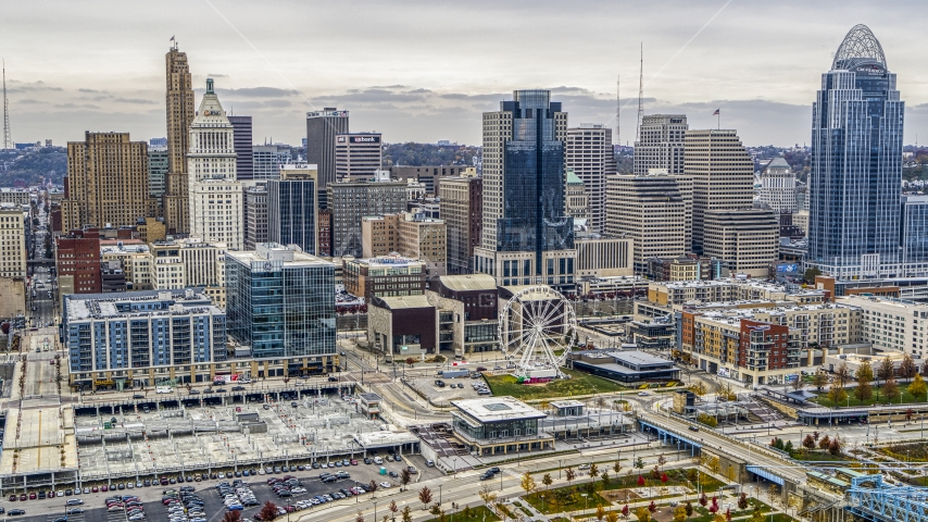 Skyscrapers behind office buildings and Ferris wheel in Downtown Cincinnati, Ohio Aerial Stock Photo DXP001_000482 | Axiom Images