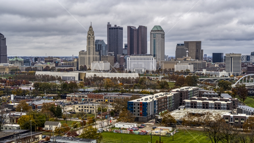 The city's towering skyline in Downtown Columbus, Ohio Aerial Stock Photo DXP001_000484 | Axiom Images