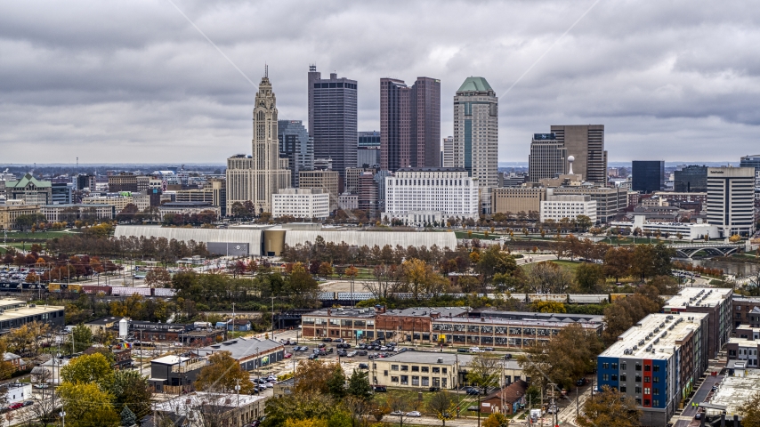 The towering skyscrapers in the city's skyline in Downtown Columbus, Ohio Aerial Stock Photo DXP001_000485 | Axiom Images