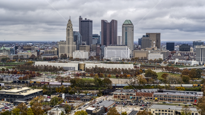 The tall skyscrapers in the city's skyline in Downtown Columbus, Ohio Aerial Stock Photo DXP001_000486 | Axiom Images