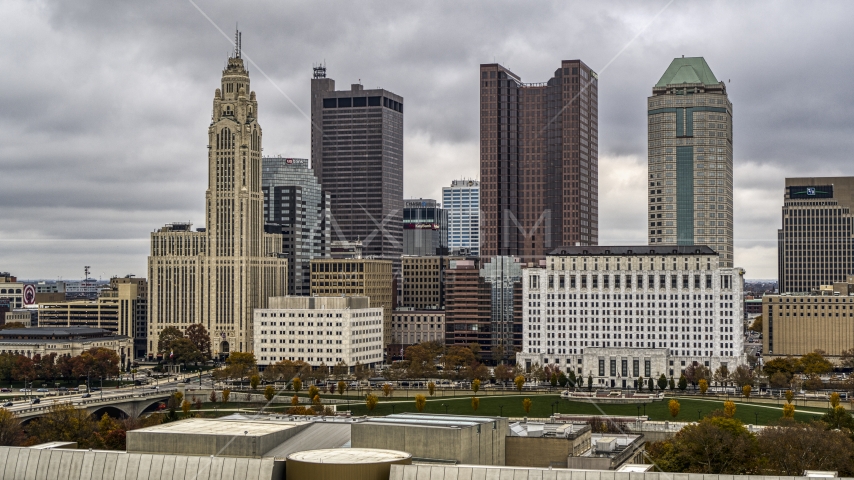 The city's skyline seen from the science museum, Downtown Columbus, Ohio Aerial Stock Photo DXP001_000488 | Axiom Images