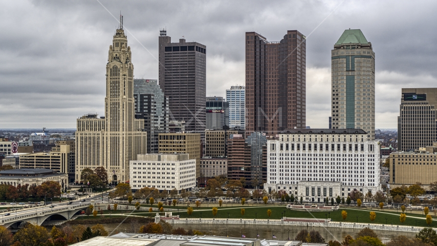 A view of the skyscrapers in the city's skyline, Downtown Columbus, Ohio Aerial Stock Photo DXP001_000489 | Axiom Images