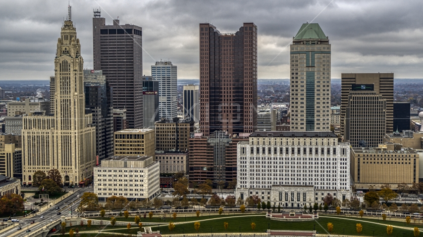 Towering skyscrapers of the city's downtown skyline, Downtown Columbus, Ohio Aerial Stock Photo DXP001_000492 | Axiom Images