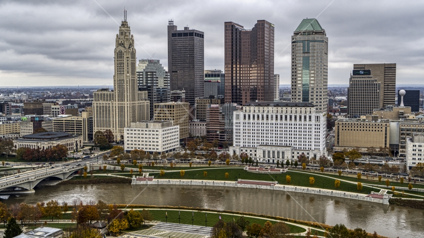 The city's downtown skyline across the river, Downtown Columbus, Ohio Aerial Stock Photo DXP001_000494 | Axiom Images