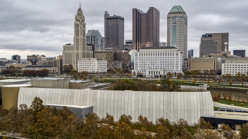 Science museum with the city's downtown skyline in the background, Downtown Columbus, Ohio Aerial Stock Photo DXP001_000495 | Axiom Images