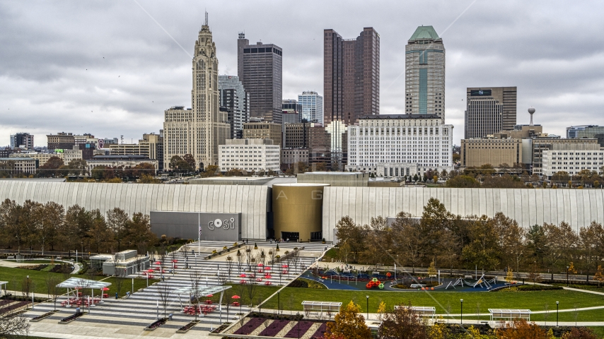 COSI science museum, with the city's downtown skyline behind it, Downtown Columbus, Ohio Aerial Stock Photo DXP001_000496 | Axiom Images