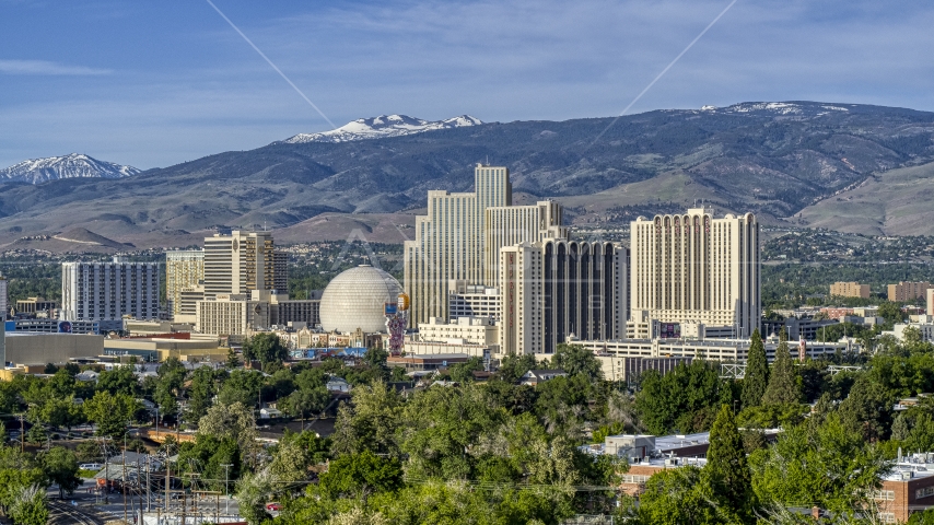 The Silver Legacy and Circus Circus resort casinos in Reno, Nevada Aerial Stock Photo DXP001_006_0007 | Axiom Images