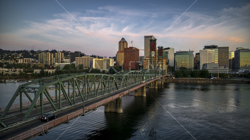 City skyline from the Hawthorne Bridge, Downtown Portland, Oregon Aerial Stock Photo DXP001_010_0002 | Axiom Images