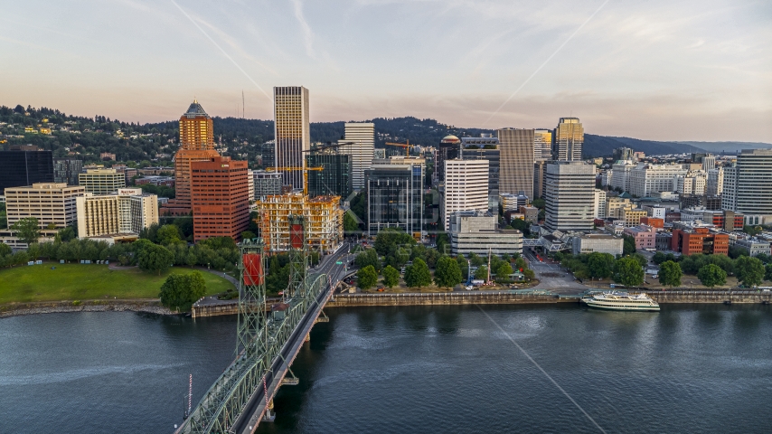 City skyline and Hawthorne Bridge spanning the Willamette River, Downtown Portland, Oregon Aerial Stock Photo DXP001_010_0003 | Axiom Images