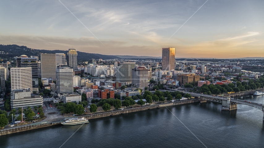 Office buildings and skyscrapers across the Willamette River, Downtown Portland, Oregon Aerial Stock Photo DXP001_010_0005 | Axiom Images