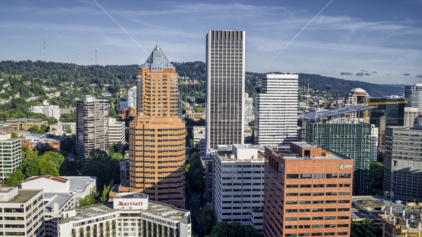 KOIN Center and Wells Fargo Center skyscrapers, Downtown Portland, Oregon Aerial Stock Photo DXP001_011_0004 | Axiom Images